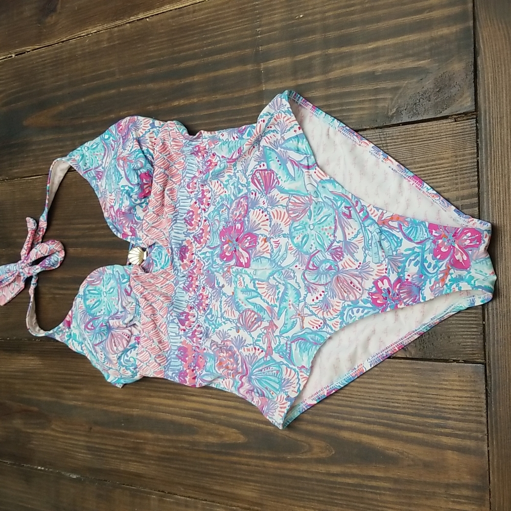 Lilly Pulitzer Seashell One Piece Halter Swimsuit Size Medium